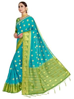 Blue woven art silk saree with blouse 2