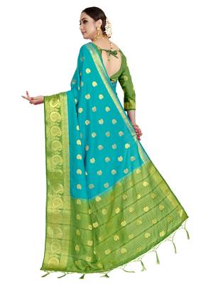 Blue woven art silk saree with blouse 3