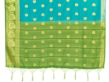 Blue woven art silk saree with blouse 4
