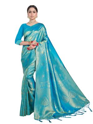 blue woven art silk saree with blouse 1