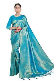 blue woven art silk saree with blouse