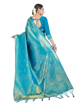 blue woven art silk saree with blouse 3