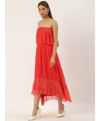 Label Ritu Kumar Orange Offshoulder Coral Ruffle Strapless Long Dress 2