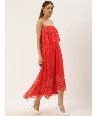 Label Ritu Kumar Orange Offshoulder Coral Ruffle Strapless Long Dress 3