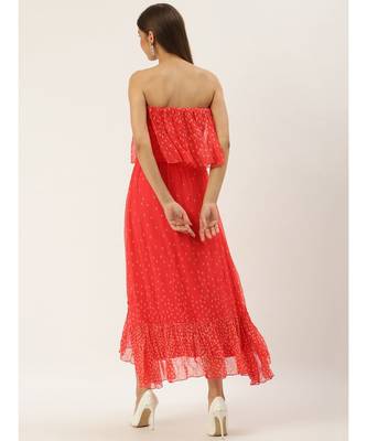 Label Ritu Kumar Orange Offshoulder Coral Ruffle Strapless Long Dress 4