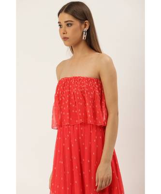 Label Ritu Kumar Orange Offshoulder Coral Ruffle Strapless Long Dress 5