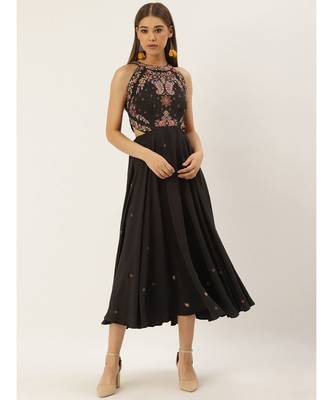 Label Ritu Kumar Grey Halter Neck Embroidered Cut-Out Long Dress 2