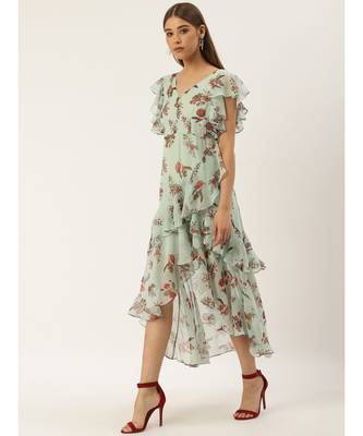 Label Ritu Kumar Blue Cap Sleeves Floral Asymmetric Ruffle Long Dress 2
