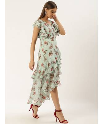 Label Ritu Kumar Blue Cap Sleeves Floral Asymmetric Ruffle Long Dress 3