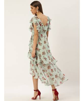 Label Ritu Kumar Blue Cap Sleeves Floral Asymmetric Ruffle Long Dress 4