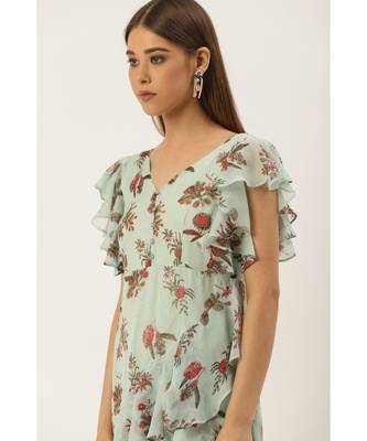 Label Ritu Kumar Blue Cap Sleeves Floral Asymmetric Ruffle Long Dress 5