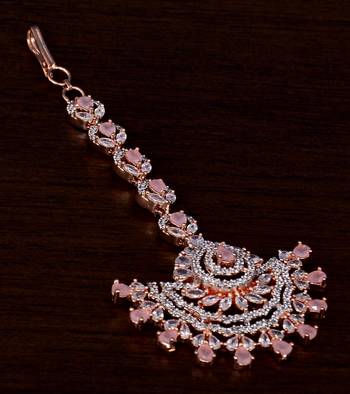 Rose Gold Plated Baby Pink Stone Embellished Maang Tikka MTS149 1