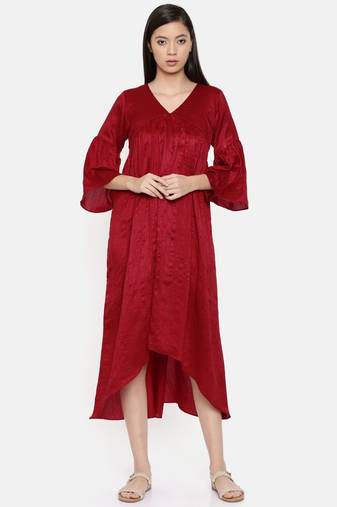 mayank modi Red assymetric dress with flounce sleeves and gathers
