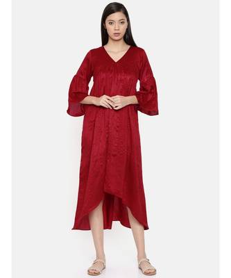 mayank modi Red assymetric dress with flounce sleeves and gathers 1