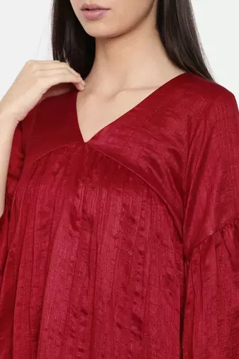 mayank modi Red assymetric dress with flounce sleeves and gathers