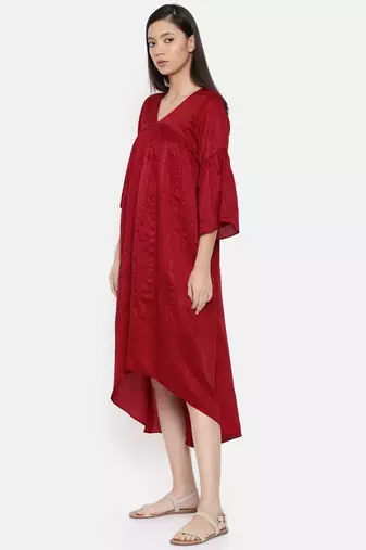 mayank modi Red assymetric dress with flounce sleeves and gathers