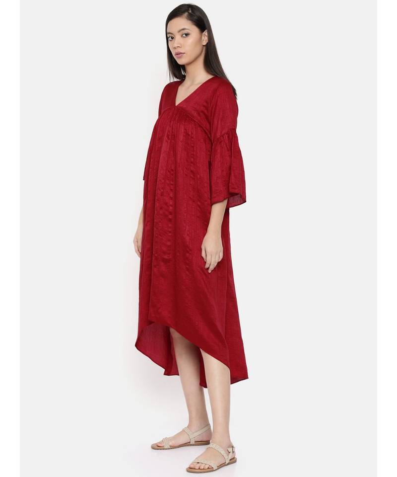 mayank modi Red assymetric dress with flounce sleeves and gathers