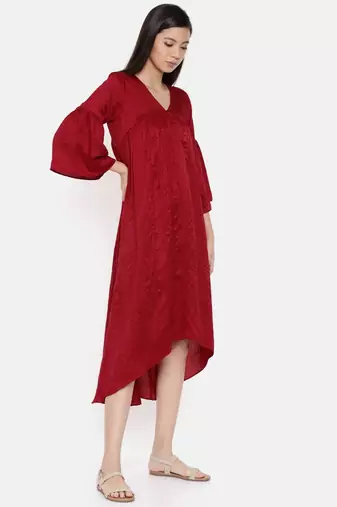 mayank modi Red assymetric dress with flounce sleeves and gathers