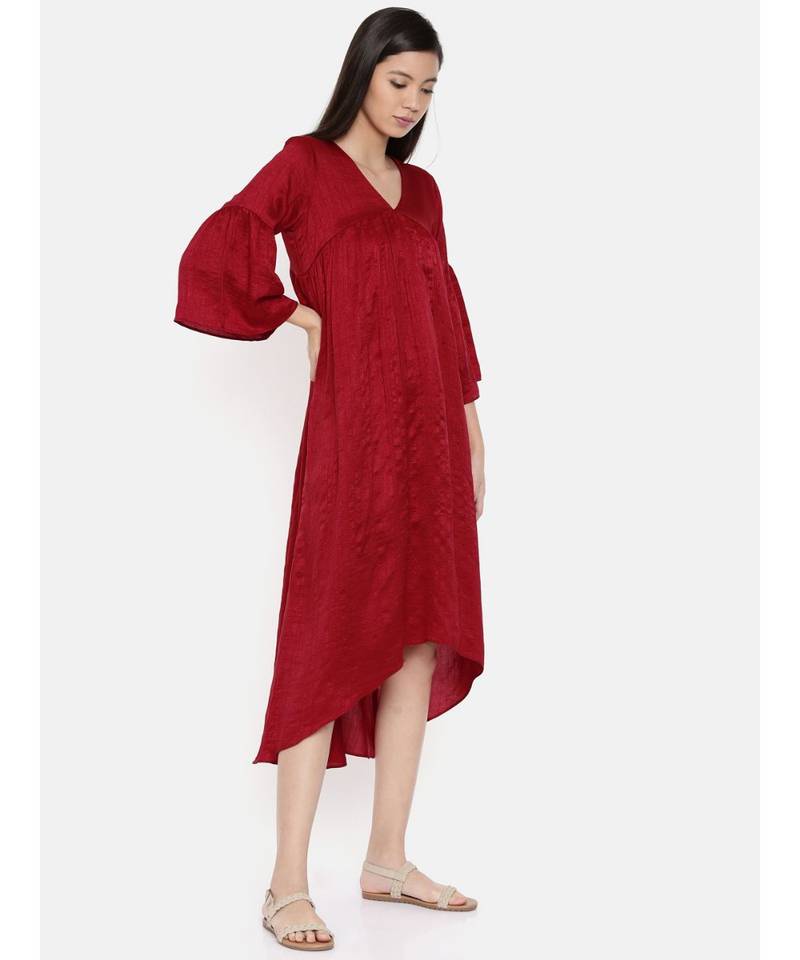 mayank modi Red assymetric dress with flounce sleeves and gathers