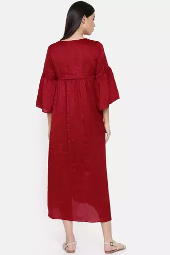 mayank modi Red assymetric dress with flounce sleeves and gathers