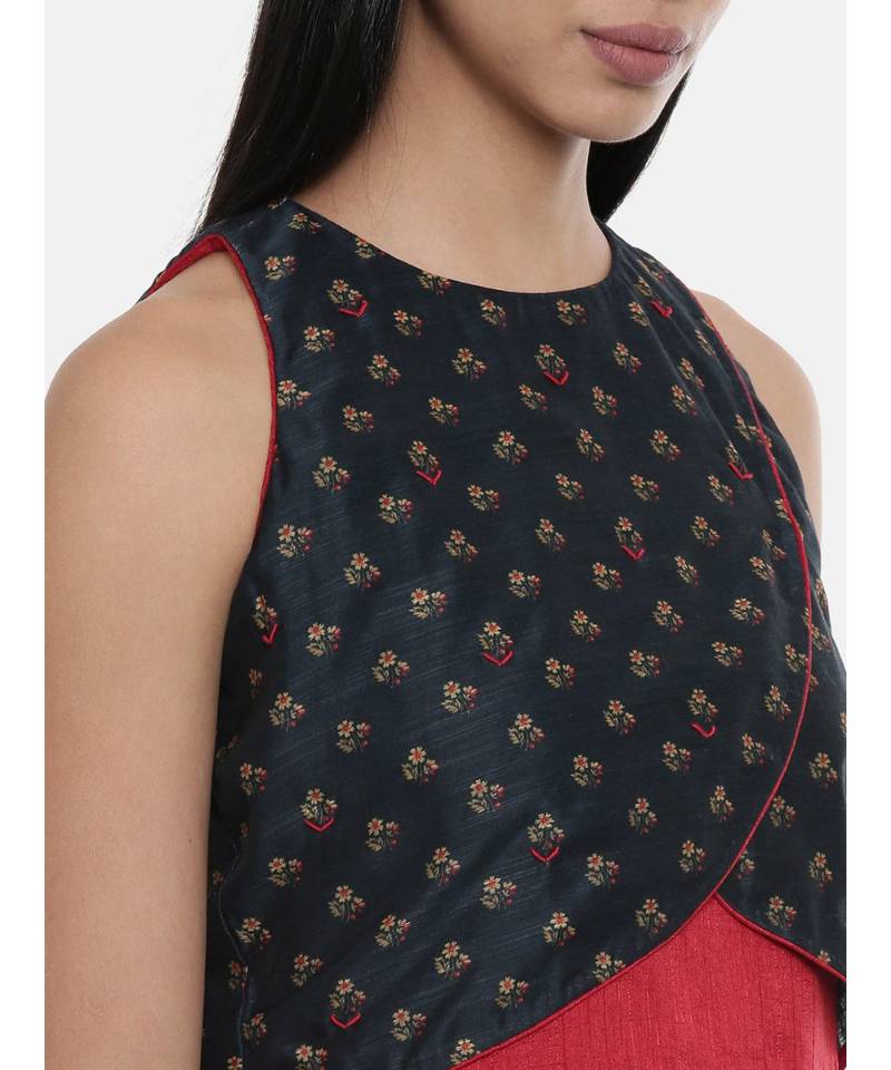 mayank modi Plain Red and Chanderi,silk slub Asymmetrical dress