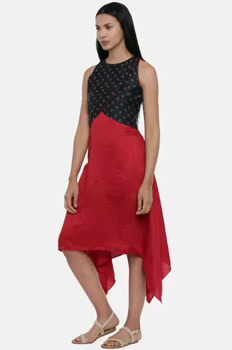 mayank modi Plain Red and Chanderi,silk slub Asymmetrical dress