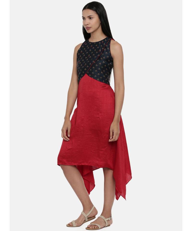 mayank modi Plain Red and Chanderi,silk slub Asymmetrical dress