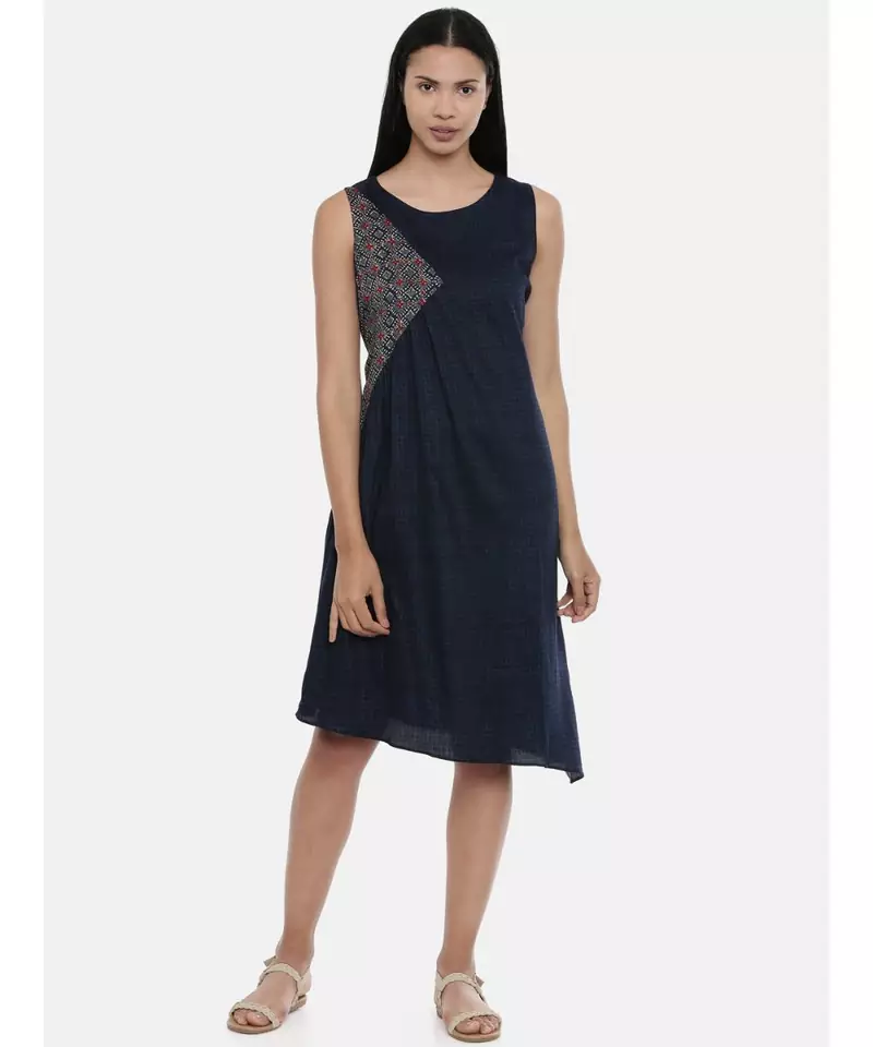 mayank modi Blue Printed and Checked,Cotton Satin gathered dress
