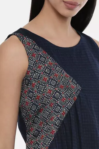mayank modi Blue Printed and Checked,Cotton Satin gathered dress