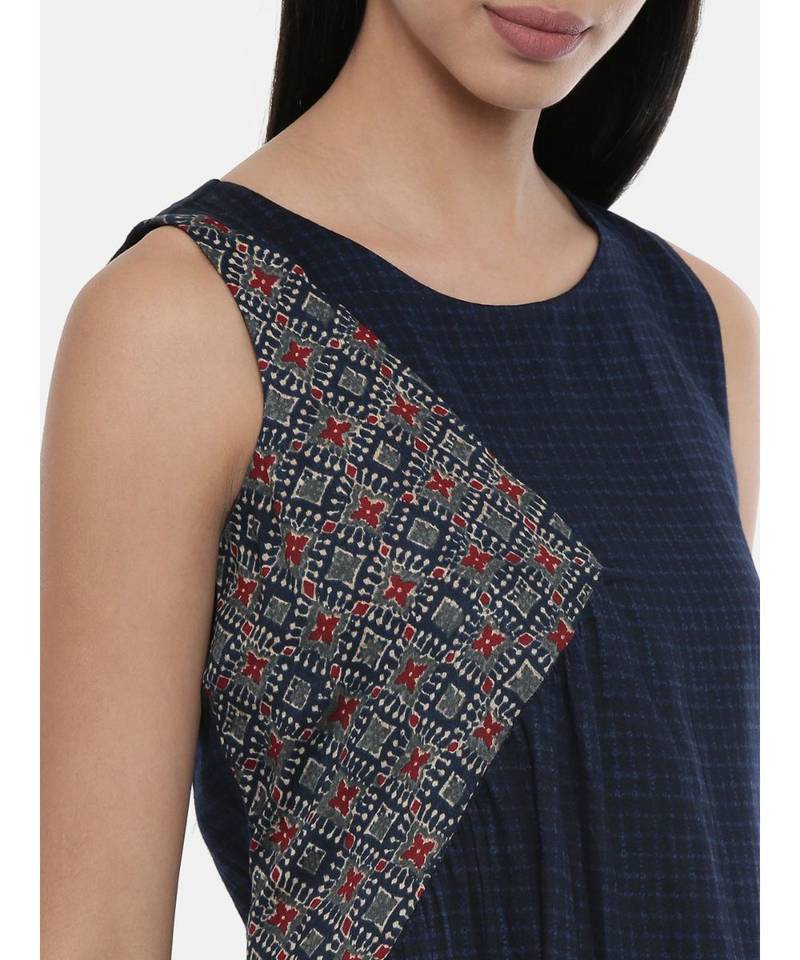 mayank modi Blue Printed and Checked,Cotton Satin gathered dress