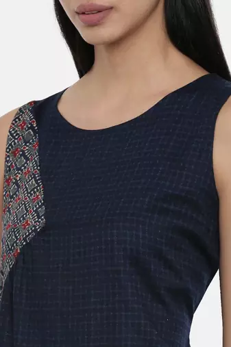 mayank modi Blue Printed and Checked,Cotton Satin gathered dress