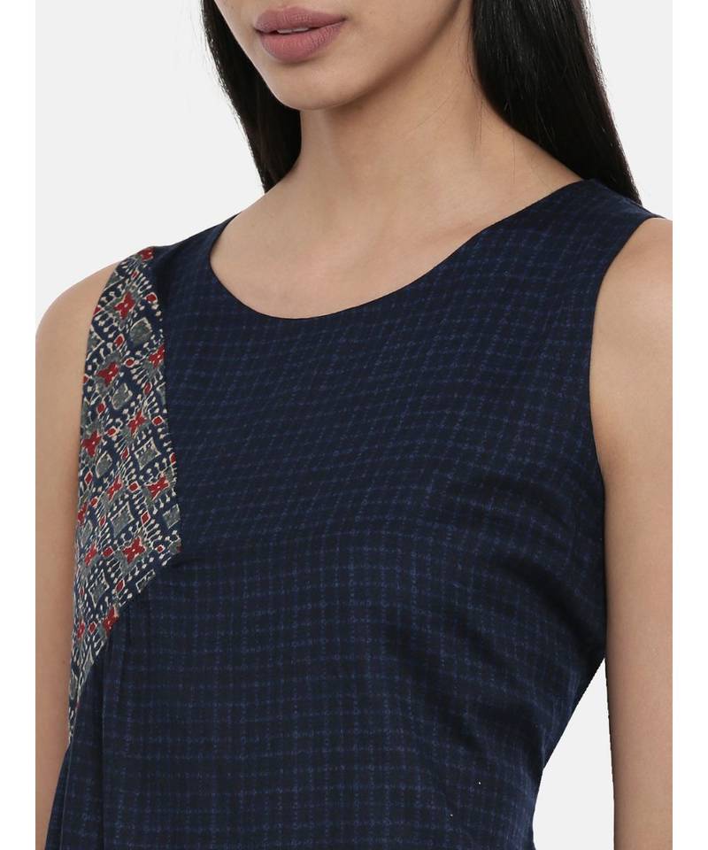 mayank modi Blue Printed and Checked,Cotton Satin gathered dress