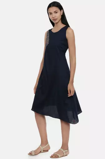 mayank modi Blue Printed and Checked,Cotton Satin gathered dress