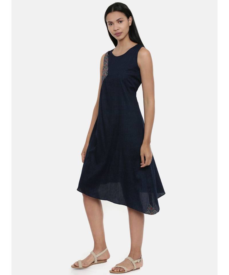 mayank modi Blue Printed and Checked,Cotton Satin gathered dress