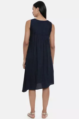 mayank modi Blue Printed and Checked,Cotton Satin gathered dress