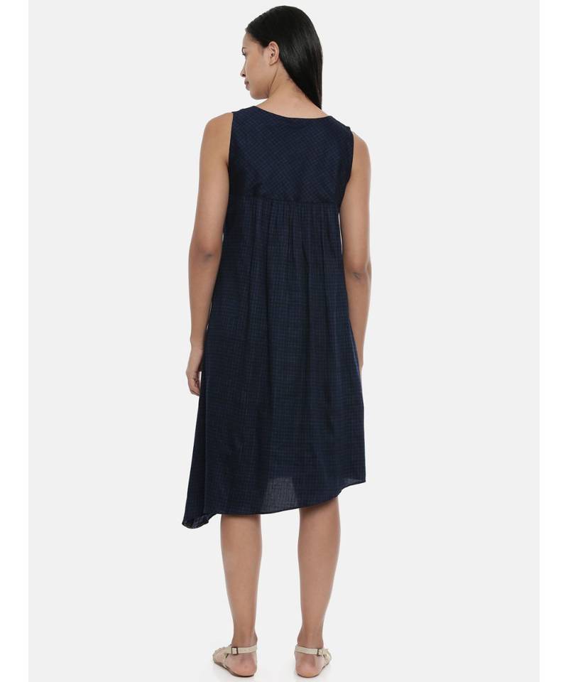 mayank modi Blue Printed and Checked,Cotton Satin gathered dress