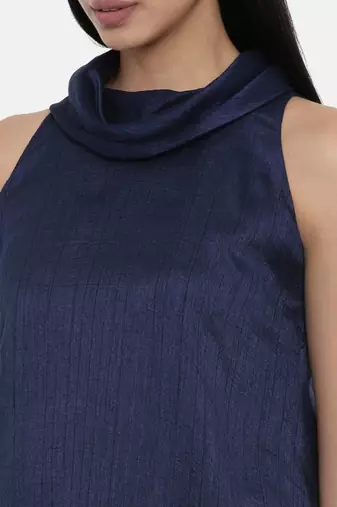 mayank modi Blue, silk slub zipper cowl dress