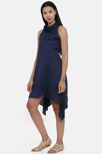 mayank modi Blue, silk slub zipper cowl dress