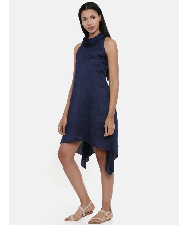 mayank modi Blue, silk slub zipper cowl dress