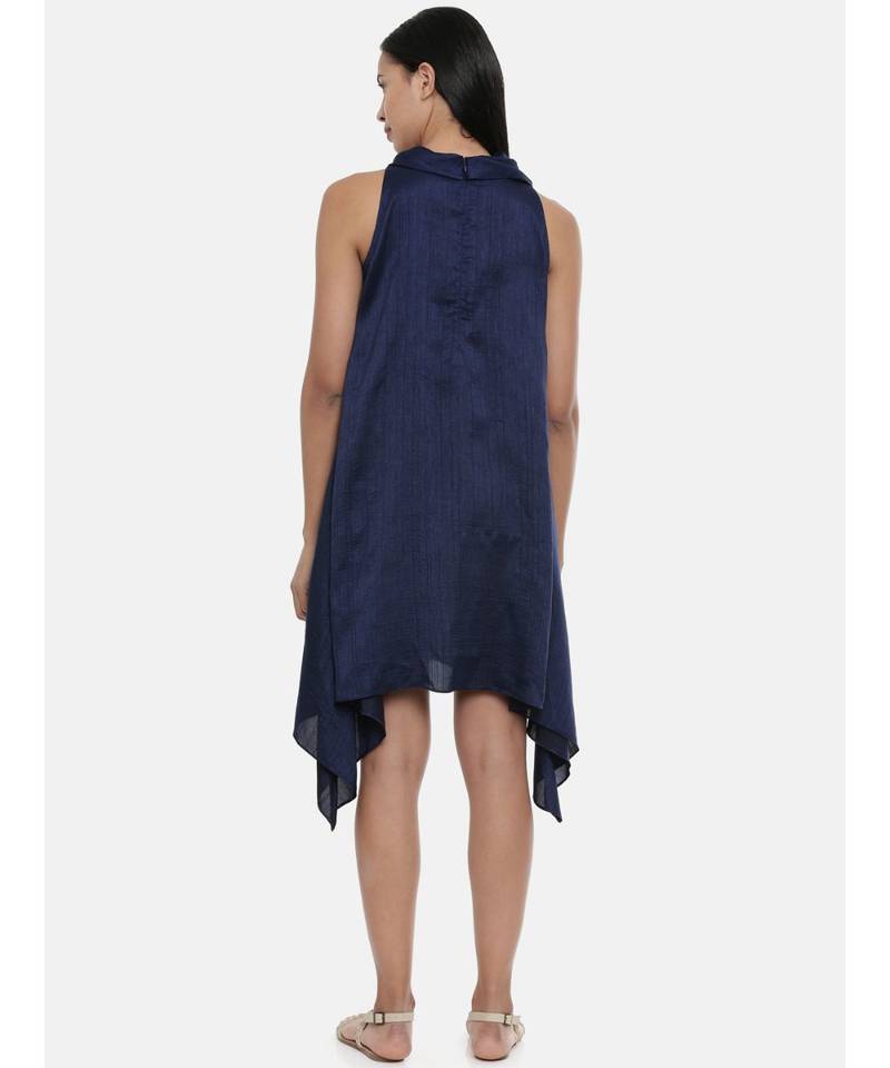 mayank modi Blue, silk slub zipper cowl dress