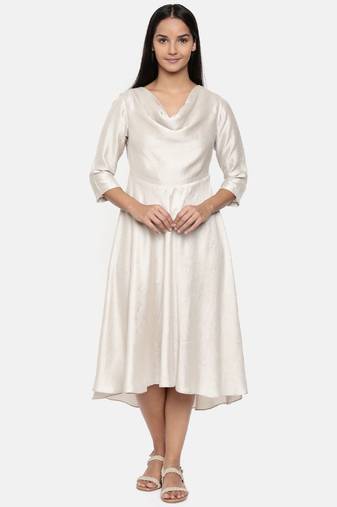 mayank modi  Silver beige, cotton silk high low cowl dress.
