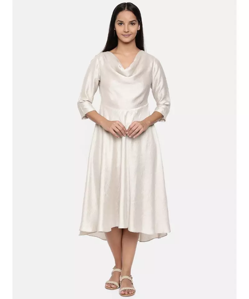 mayank modi  Silver beige, cotton silk high low cowl dress.