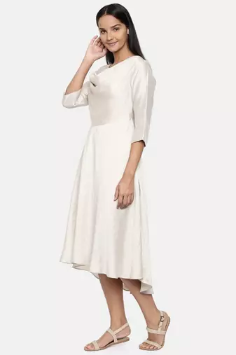 mayank modi  Silver beige, cotton silk high low cowl dress.