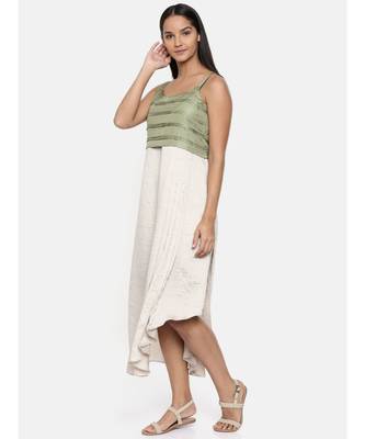 mayank modi  Silver beige and green cotton silk pleated dress  3
