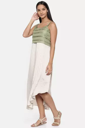 mayank modi  Silver beige and green cotton silk pleated dress 