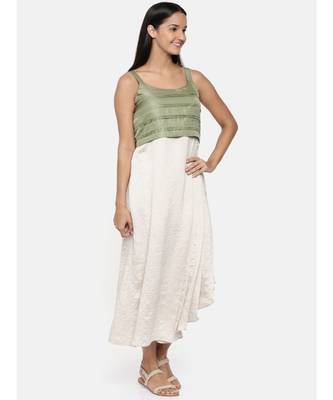 mayank modi  Silver beige and green cotton silk pleated dress  4