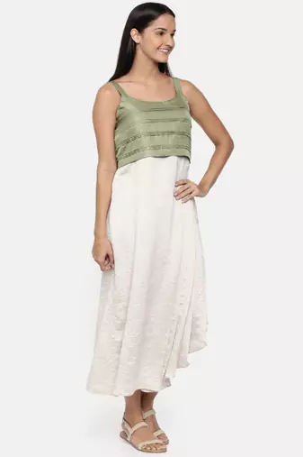 mayank modi  Silver beige and green cotton silk pleated dress 
