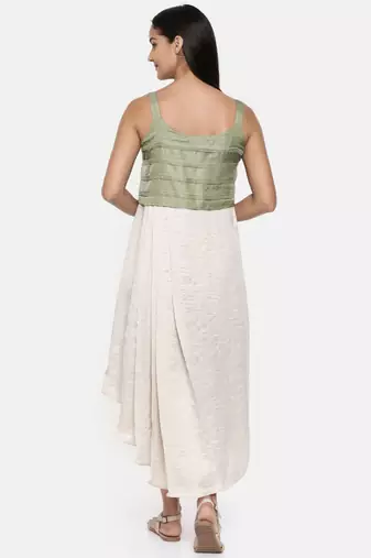 mayank modi  Silver beige and green cotton silk pleated dress 
