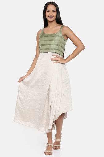 mayank modi  Silver beige and green cotton silk pleated dress 