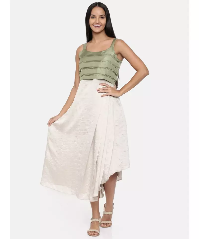 mayank modi  Silver beige and green cotton silk pleated dress 